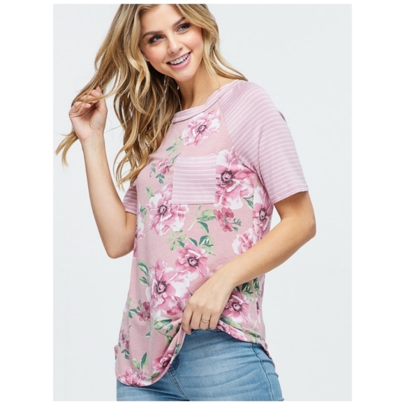 white birch Tops - Floral & Stripe Raglan Tee with Pocket